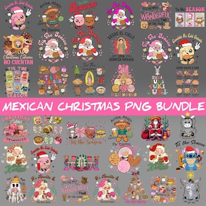 May include: A collection of Mexican Christmas-themed PNG graphics. The designs include cartoon characters, food items, and festive phrases like "Christmas Calories No Cuentan" and "Feliz Navidad." The color palette features reds, pinks, and greens.