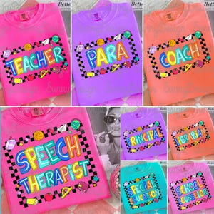 Neon School Occupation Png Bundle, Back To School Teacher Sped Para Counselor, Preppy First Day Of School, Checkered Design, Hand Drawn