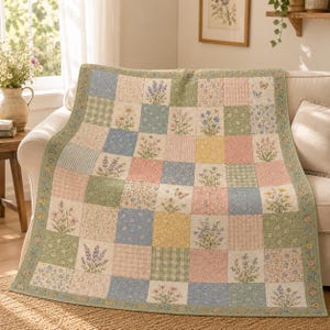 May include: A patchwork quilt featuring a grid of squares with floral prints, lavender sprigs, and butterflies in soft pastel shades of blue, green, pink, and yellow. The quilt has a decorative border with a repeating floral vine pattern.