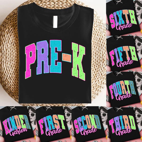 Neon Varsity First/ Second/ Third Grade Png Bundle, Preppy Back To School Png, Pre-k Colorful School Teacher Png, First Day Of School Png