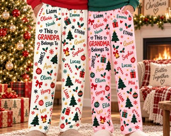 Pantalones de pijama personalizados para abuelos, pantalones de estar por casa y chándales navideños con nombres personalizados para nietos, pijamas navideños con nombres familiares personalizados.