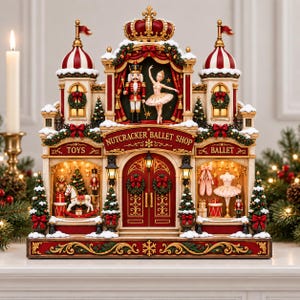 May include: A decorative Nutcracker Ballet Shop display featuring a central stage with a nutcracker and ballerina, flanked by two storefronts labelled Toys and Ballet. The structure is adorned with Christmas wreaths, miniature trees, and snow.