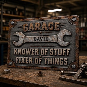 Placa de metal personalizada "Especialista em consertos", decoração personalizada para garagem, placa para oficina de faz-tudo, presente para pai que gosta de reparos, presente para ele.