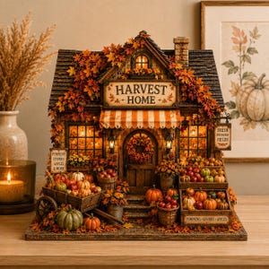 May include: A miniature Harvest Home shop building decorated with autumn leaves, featuring a wooden cart and crates filled with pumpkins, gourds, and apples. The structure has a striped awning, illuminated windows, and signs reading Harvest Home, Fresh From Our Fields, and Pumpkins Gourds Apples & More.