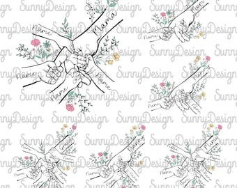 Personalized Up to 6 Kids Floral Mother&#39;s Day Holding Hand Svg Png, Mother&#39;s Day Floral Svg, Mama Flower Svg, Baby Toddler Kid Nana Hand Svg