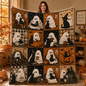 Black Cat Halloween Quilt Blanket, Cute Ghost Patchwork Throw, Cozy Pumpkin Spice Fall Blanket, Spooky Autumn Home Bedding Decor Gift