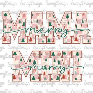 May include: A digital design featuring the words "MAMA" and "MIMI" in a block letter style, filled with a pink and white plaid pattern and Christmas trees. The word "merry" is written in a cursive font in green.