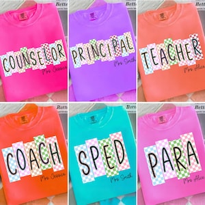Neon Checkered School Occupation Png Bundle, Custom Teacher Name, Preppy Back to School, Teacher Sped Para Counselor, First Day, Hand Drawn