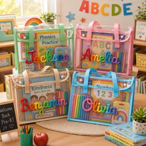 May include: Four rectangular, transparent mesh storage bags with coloured trim and handles. Each bag features a personalised name in rainbow-coloured yarn lettering on the front, containing various children's books, coloured pencils, and supplies.