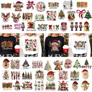 May include: A collection of Christmas-themed designs, including embroidered reindeer, Santa Claus, Christmas trees, and text like "Merry Christmas" and "Holly Jolly." The designs are suitable for apparel and holiday crafts.