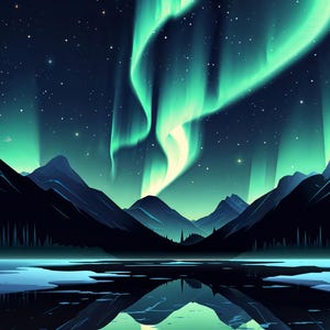 Könnte beinhalten: Ein gerahmter Druck, der die Aurora Borealis darstellt. Das Kunstwerk zeigt einen Nachthimmel voller Sterne und lebendiger grün-weißer Lichtspiele. Berge und ein reflektierender See befinden sich im Vordergrund, mit einem dunklen Rahmen.