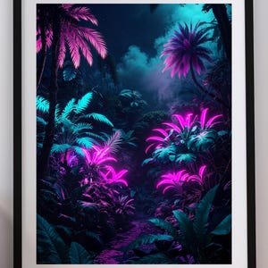 Könnte beinhalten: Gerahmter Digitaldruck einer lebendigen Dschungelszene. Das Kunstwerk zeigt neonrosa und türkisfarbenes Laub, darunter Palmen und üppige Pflanzen, vor einem dunklen Hintergrund. Der Text "Instant Download" ist unten zu sehen.