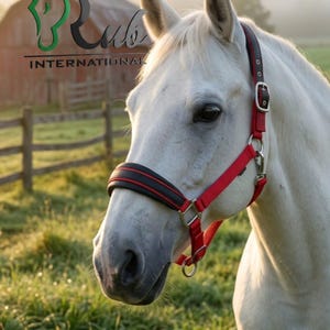 May include: A white horse wearing a red and black nylon headcollar with silver-toned metal hardware. The headcollar features a padded noseband with a black centre stripe and red edges, secured by adjustable buckles and rings on the side of the head.