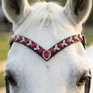 May include: A black leather horse browband featuring a V-shaped design adorned with a central teardrop-shaped red crystal, flanked by multiple rectangular red crystals and small clear rhinestones set along the edges of the leather strap.