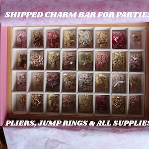 May include: A pink box with a wooden frame, filled with small compartments containing various charms. The text "SHIPPED CHARM BAR FOR PARTIES" and "PLIERS, JUMP RINGS & ALL SUPPLIES" are visible. The charms are in clear plastic bags.