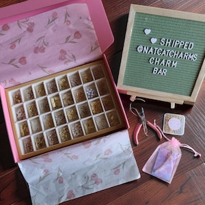 May include: A pink box with a tray of jewelry charms, tissue paper with a floral pattern, and a green sign that says "SHIPPED @NATCATCHARMS CHARM BAR". Also included are pink pliers, a small container, and a pink drawstring bag.