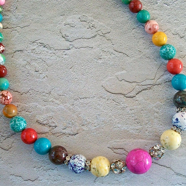 Multi Colored Magnasite Round Graduated Beads Necklace