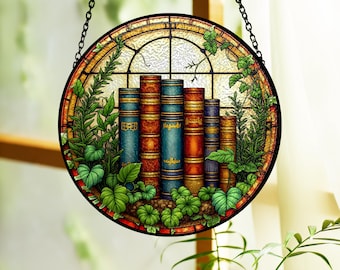 Stained Glass Book Suncatcher, Botanical Library Window Hanging