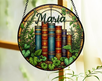 Personalized Stained Glass Book Suncatcher, Botanical Library Window Art