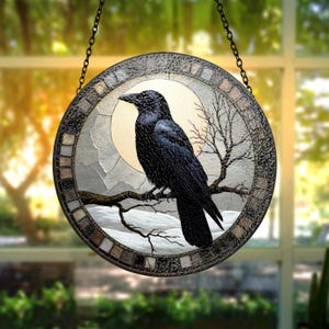 Gothic Raven Stained Glass Suncatcher, Black Crow Window Hanging Art, Halloween Decor, Dark Aesthetic Home Accent, Unique Spooky Gift