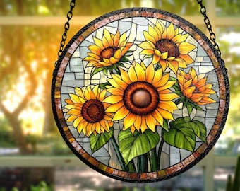 Stained Glass Sunflower Suncatcher, Handmade Window Hanging Art
