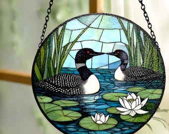 Loon Couple Stained Glass Suncatcher, Wildlife Bird Window Hanging, Nature Lodge Wall Art, Mother's Day Gift