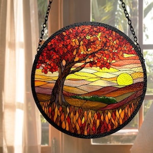 Autumn Leaves Stained Glass Suncatcher, Sunset Fall Window Decor, Fall Home Window Hanging Art, Cozy Indoor Decor, Housewarming Gift