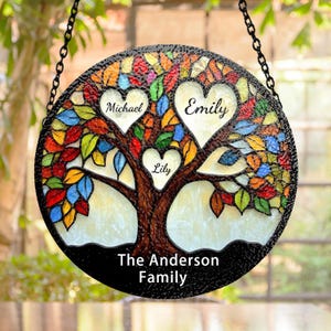 Custom Family Tree Stained Glass Suncatcher with Names, Tree of Life Window Decor, Personalized Anniversary Gift for Mom Dad, Family Gift