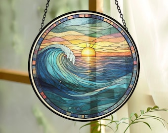 Atrapasol de vitral con olas del océano, decoración costera para el hogar