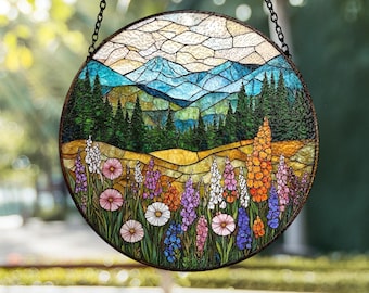 Mountain Wildflower Stained Glass Suncatcher, Nature Inspired Window Art