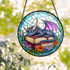 Sleeping Dragon Stained Glass Suncatcher, Fantasy Book Window Hanging, Magical Garden Decor, Dragon Lover and Book Lover Gift