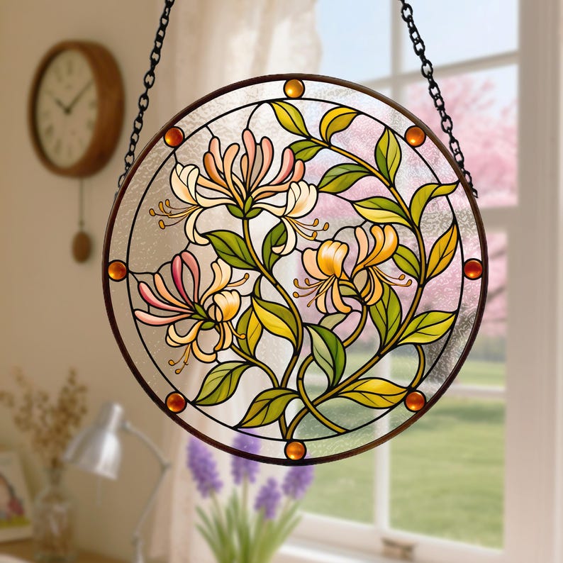 May include: A circular stained glass suncatcher featuring a honeysuckle floral design with pink, yellow, and white petals and green leaves. The piece is framed in a dark metal border with small amber glass accents and hangs from a black metal chain.
