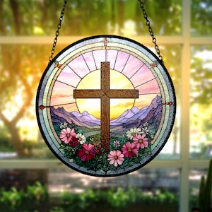 Christian Cross Suncatcher, Flower Cross Stained Glass Window Hanging, Christian Religious Gift, Faith Home Decor for Pastor