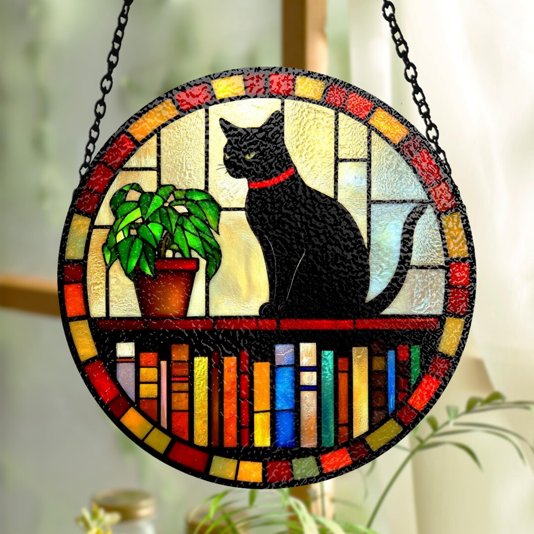 Stained Glass Black Cat Suncatcher, Reading Book Suncatcher, Book Lover ...