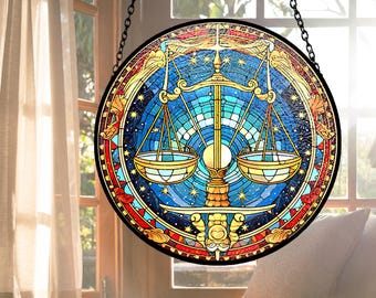 Libra Suncatcher, Zodiac Stained Glass Window Hanging, Astrology Gift