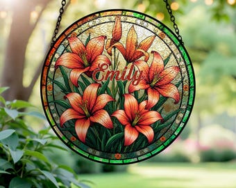 Personalized Orange Lily Stained Glass Suncatcher, Floral Window Art