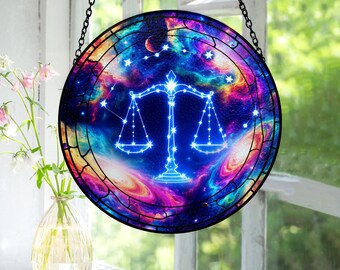 Libra Zodiac Suncatcher, Celestial Stained Glass Window Hanging