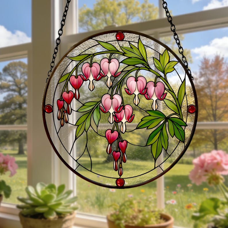 May include: A circular stained glass suncatcher featuring a botanical design of pink and red bleeding heart flowers with green leaves. The piece is framed in a dark metal border and suspended by a black chain, showcasing intricate glass segments.