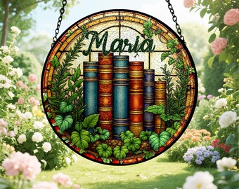 Personalized Stained Glass Book Suncatcher, Botanical Library Window Hanging