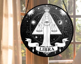 Libra Suncatcher, Celestial Stained Glass Window Hanging, Astrology Gift