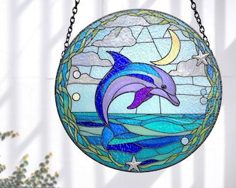 イルカのステンドグラスアートパネル - 海の波模様の円形窓掛け - Etsy