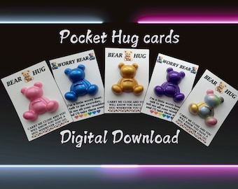 2 PDF Files Instant Download: Printable Pocket Cards 2 Different Poems - "Worry Bear"  "Bear Hug". Business Templates & Vendor Pocket Hugs.