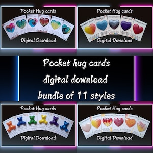 Descarga instantánea de 4 archivos PDF: tarjetas de bolsillo imprimibles, 11 diseños: plantillas comerciales y abrazos de bolsillo para proveedores.