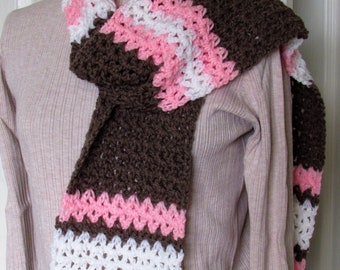 CROCHETED SCARF, BROWN & Pink, 7 x 64