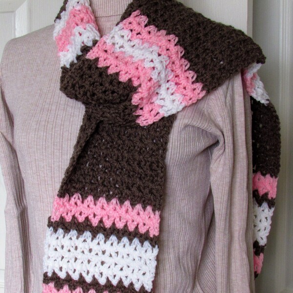 CROCHETED SCARF, BROWN & Pink, 7 x 64