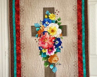 CROSS and FLOWERS, Quilted Door Hanging, 30 x 48