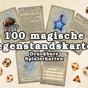 Op de afbeelding: Een set van 100 printbare spelkaarten met illustraties van magische voorwerpen en wezens. De kaarten zijn ontworpen voor gebruik in tabletop role-playing games. De afbeelding bevat ook verschillende dobbelstenen.