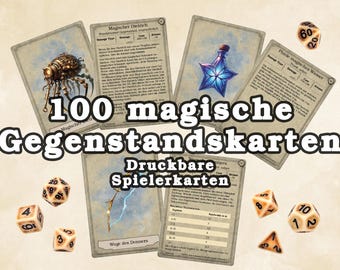 May include: A set of 100 printable game cards featuring illustrations of magical items and creatures. The cards are designed for use in tabletop role-playing games. The image also includes several dice.