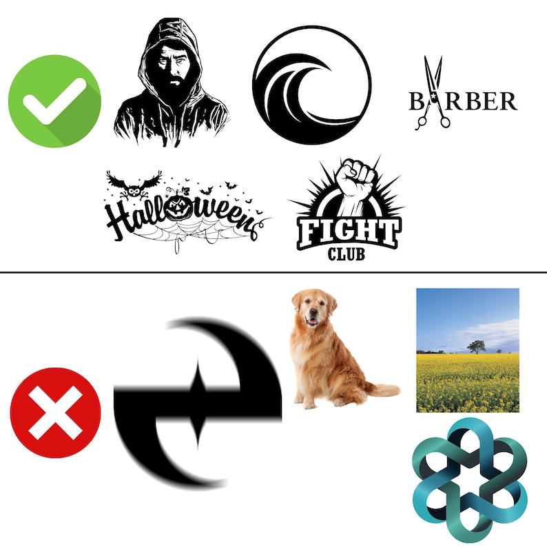 May include: A comparison of different logos and images. The top row shows a green checkmark, a black and white illustration of a hooded figure, a black and white wave logo, and a black and white logo with scissors and the word "BARBER". The bottom row shows a red X, a black and white abstract logo, a golden retriever dog sitting, a photo of a yellow field with a tree, and a blue and green abstract logo.