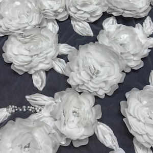 3D White Floral Tulle Fabric | Handmade Polyester Flower Lace | Bridal Fabric for Gowns, Veils & Dresses | Sold by Meter